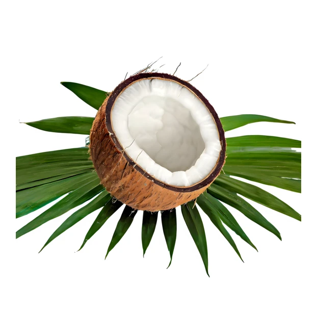 Fresh coconut half with palm leaves on white background