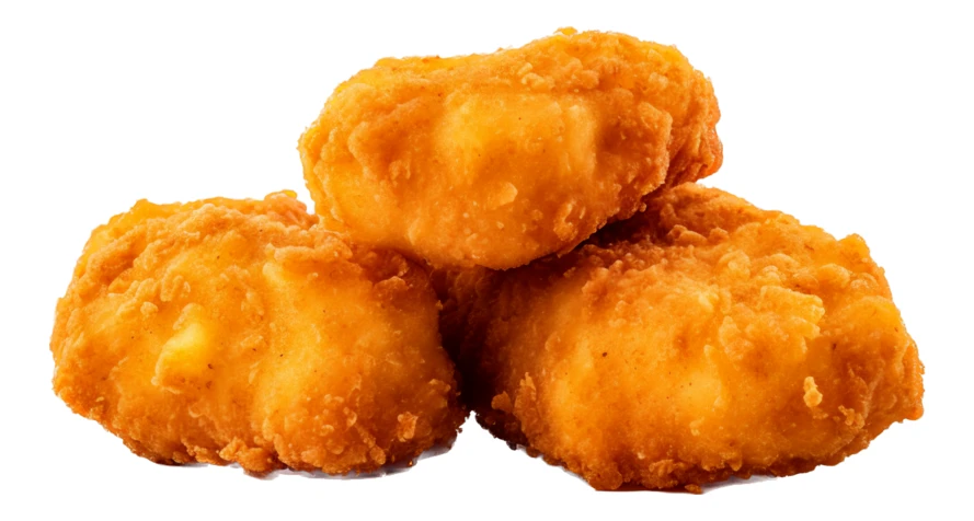 Three crispy fried chicken nuggets isolated on white background