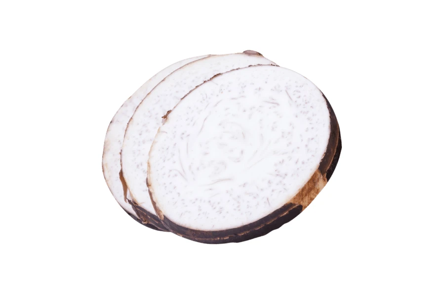 Three slices of fresh taro root isolated on white