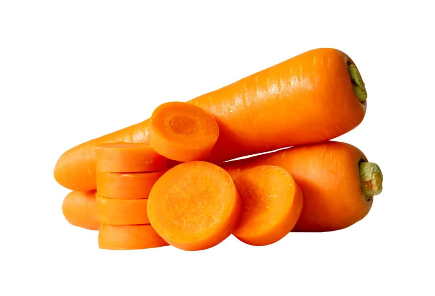 Fresh whole carrots and round slices isolated on white