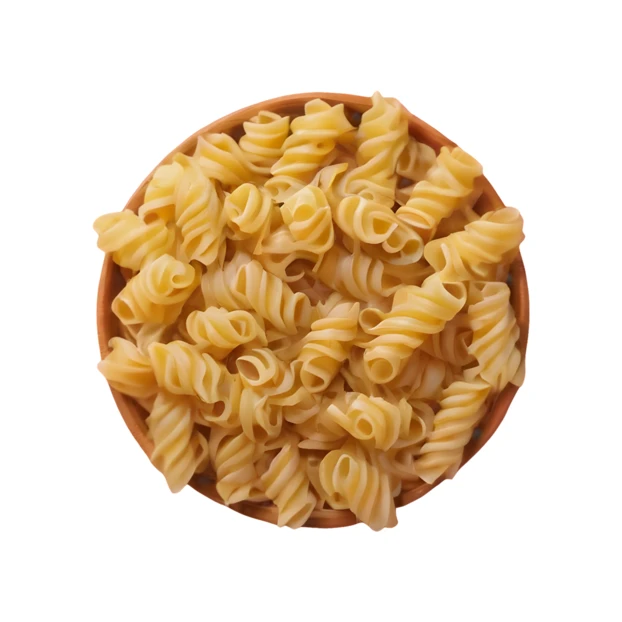Top view of uncooked fusilli pasta in a brown bowl