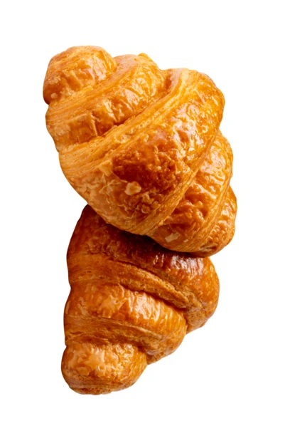 Two golden brown croissants isolated on white background