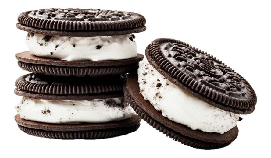Stack of chocolate cookie ice cream sandwiches isolated on white