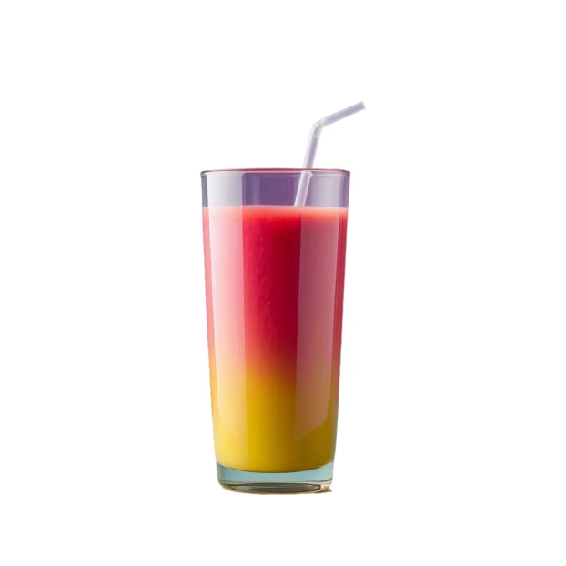 Layered red and yellow fruit smoothie isolated on white