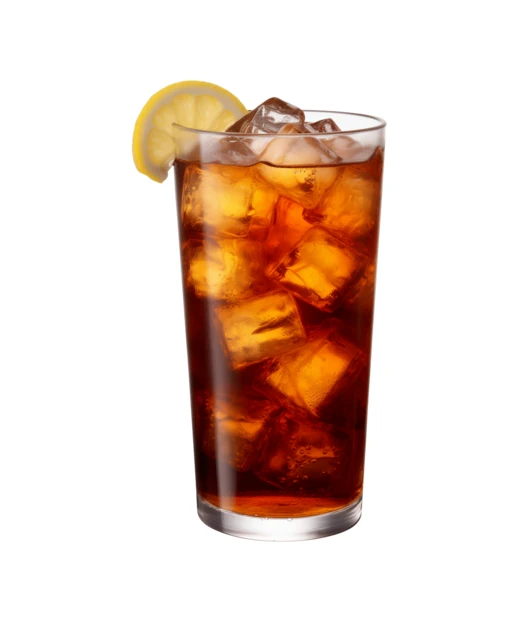 Glass of iced tea with lemon slice on white background