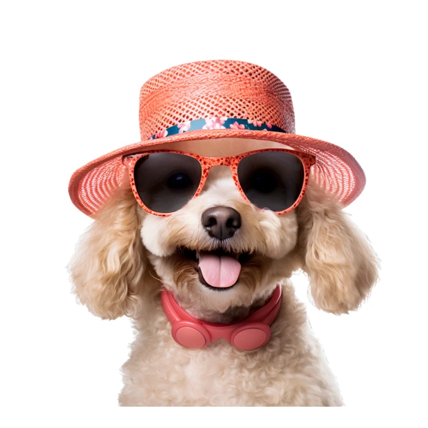 Happy poodle wearing a straw hat and sunglasses