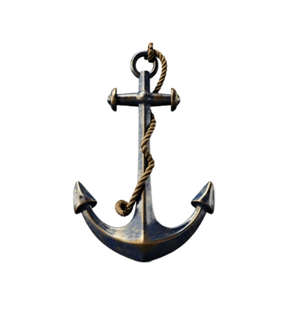 Vintage bronze nautical anchor with rope isolated on white