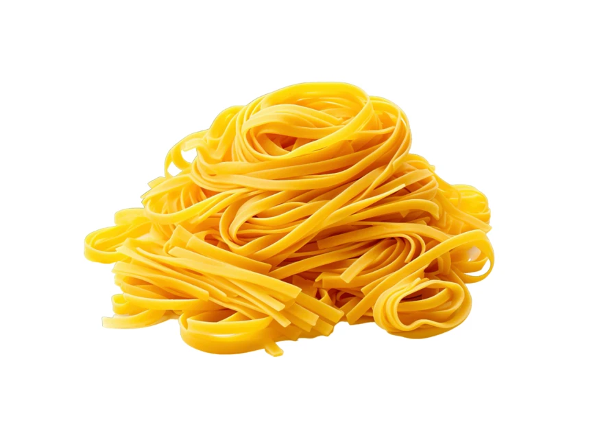 Pile of dry tagliatelle egg pasta isolated on white background