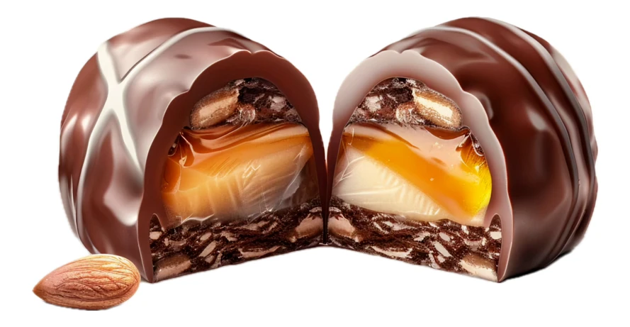 Chocolate truffle cut in half with caramel and almond filling