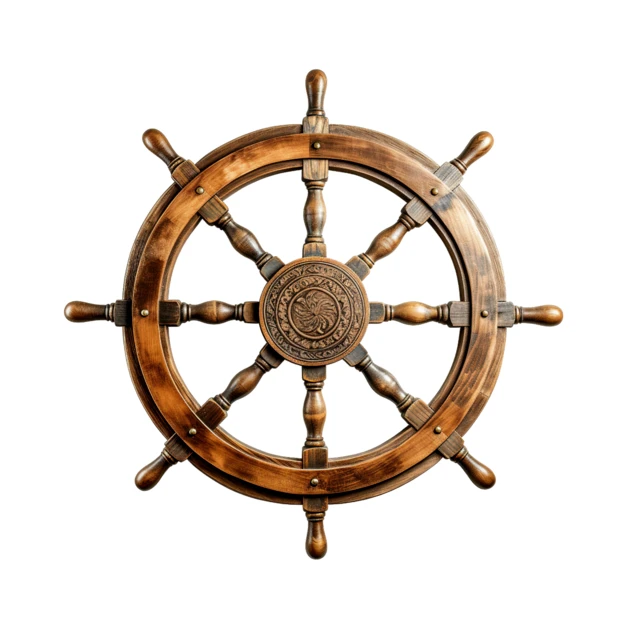 Vintage wooden ship's steering wheel isolated on white background