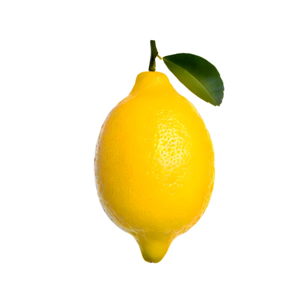 Single fresh yellow lemon with green leaf isolated on white