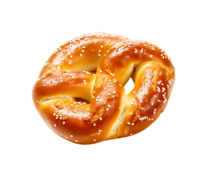 Fresh soft pretzel with coarse salt on white background