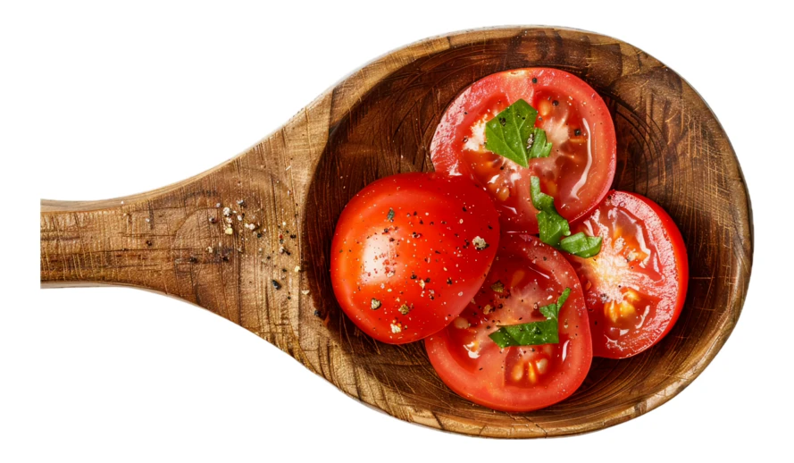 Fresh sliced tomatoes with herbs in a rustic wooden spoon