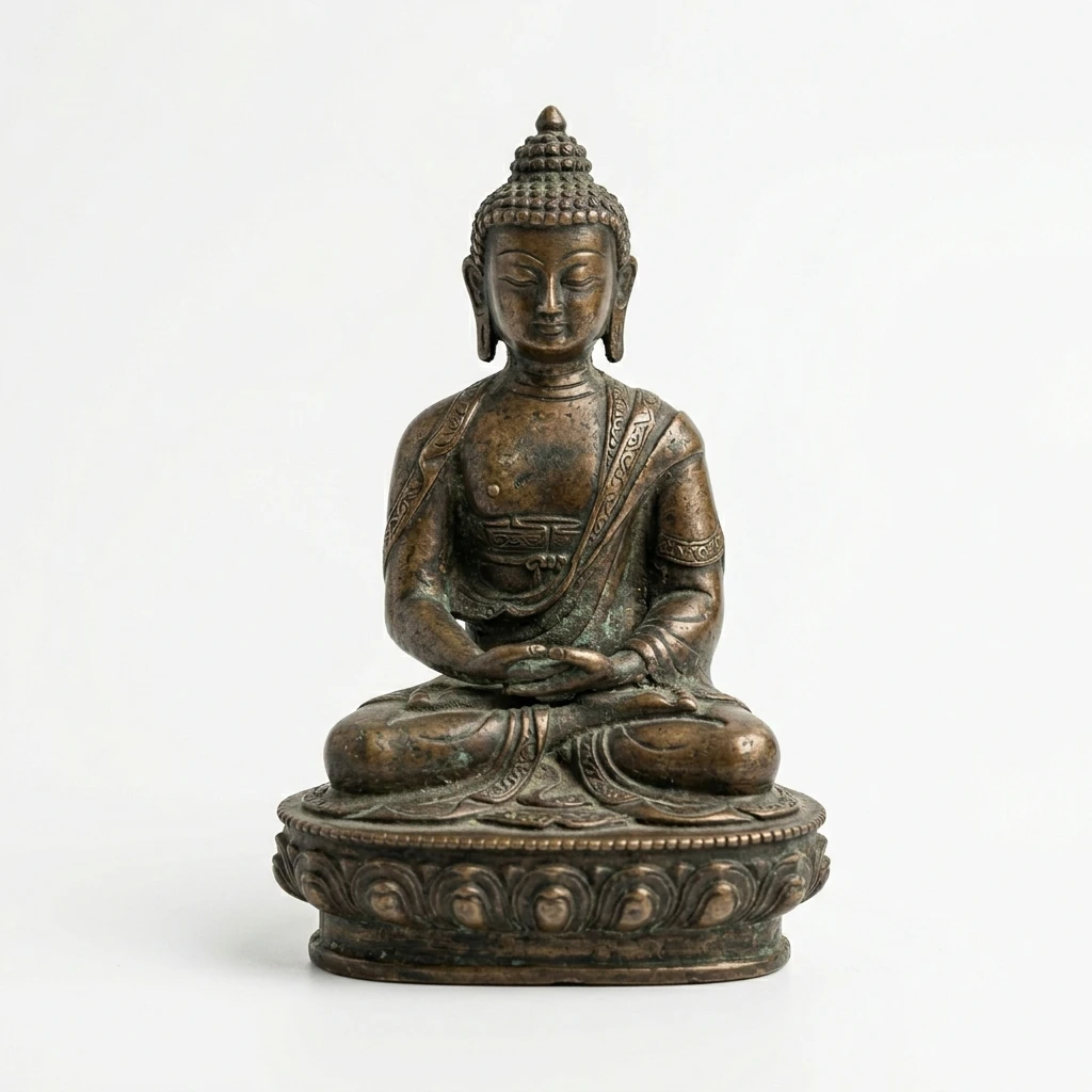 Antique bronze Buddha statue in meditation on white background
