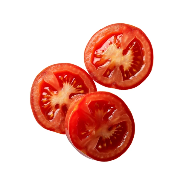 Three fresh red tomato slices isolated on white background