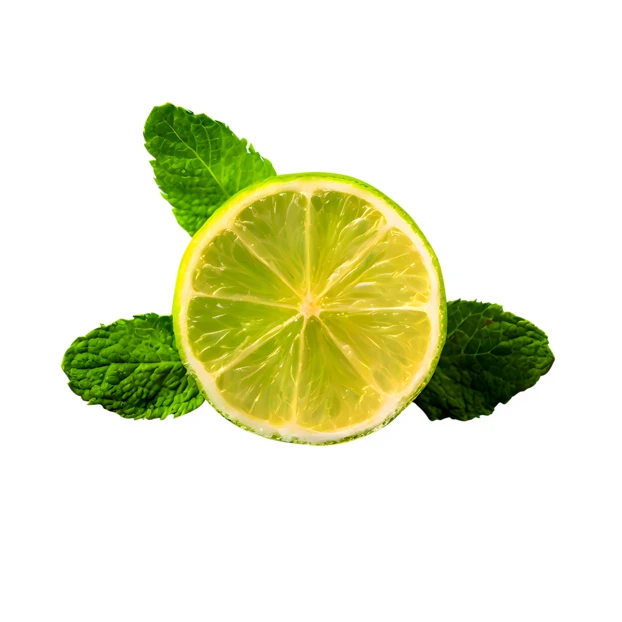 Fresh lime slice and green mint leaves isolated on white