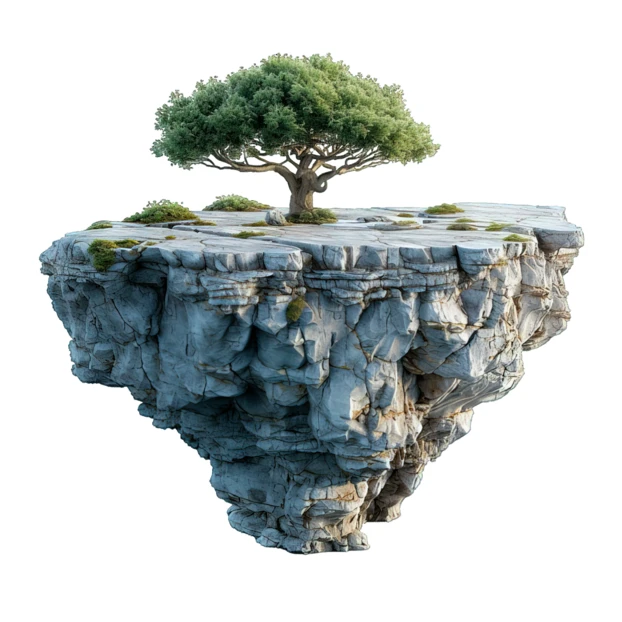 Surreal floating rocky island with a single green tree