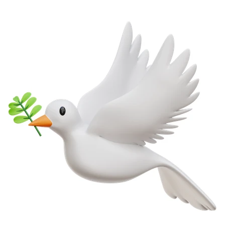 3D white dove flying with olive branch symbol of peace