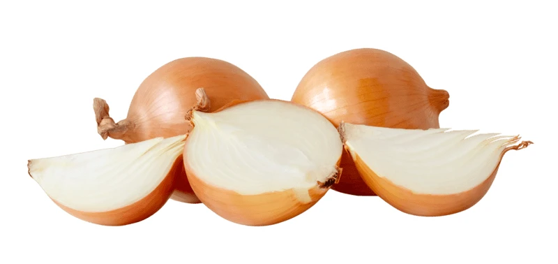 Whole and sliced fresh yellow onions on white background