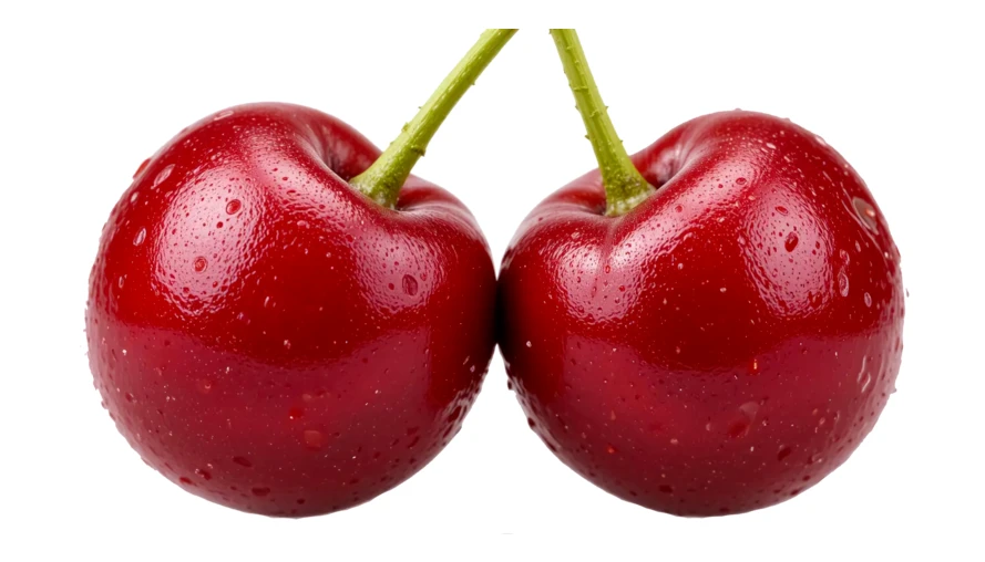 Two ripe red cherries with water droplets isolated on white