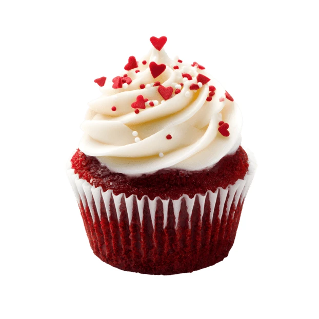 Red velvet cupcake with cream cheese frosting and heart sprinkles