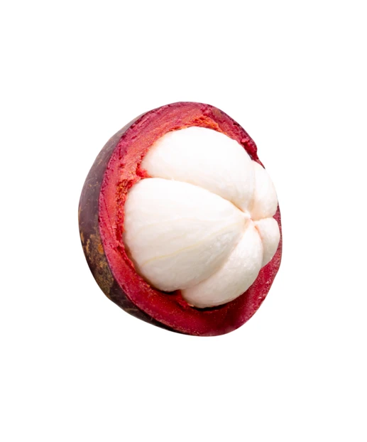 Halved fresh mangosteen fruit isolated on white background