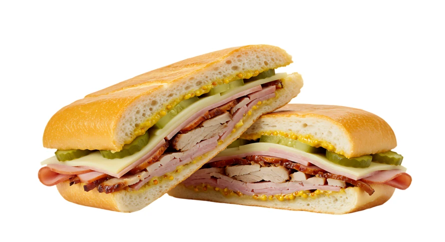 Traditional Cuban sandwich cut in half isolated on white background