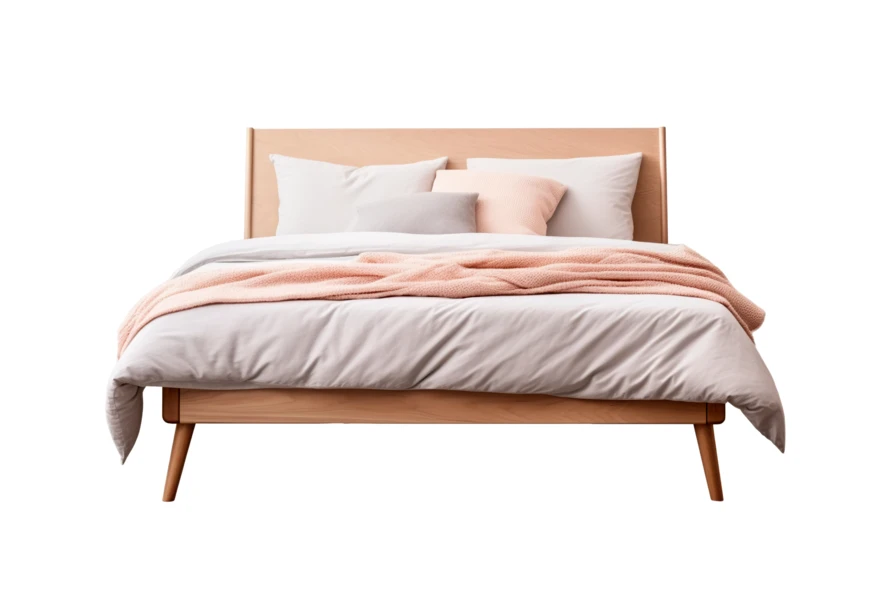 Modern wooden bed with pastel bedding on white background