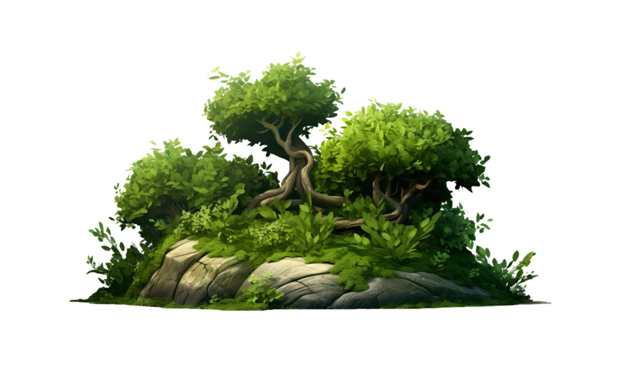 Fantasy stylized tree on a mossy rocky mound isolated