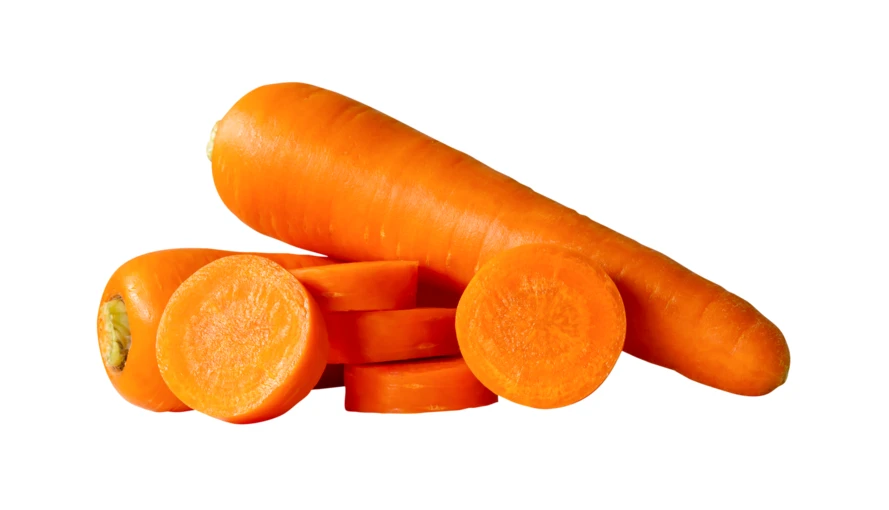 Whole carrot and slices isolated on white background