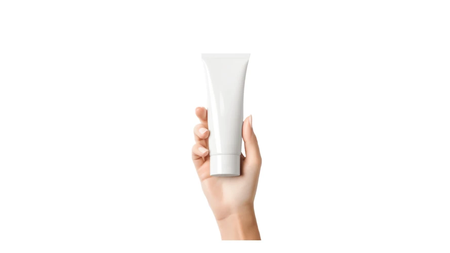 Hand holding blank white cosmetic tube on white background