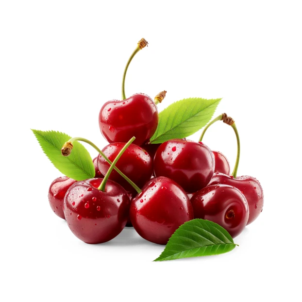 Fresh red cherries with green leaves on white background