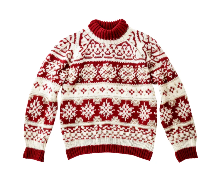 Red and white knitted Christmas sweater with snowflake patterns
