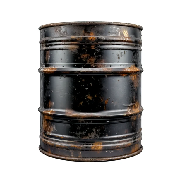 Old rusty black metal oil drum on white background