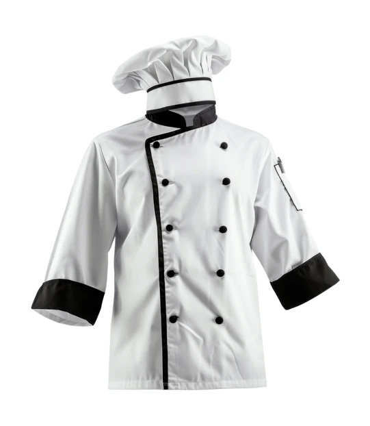 Professional white chef coat and hat on white background