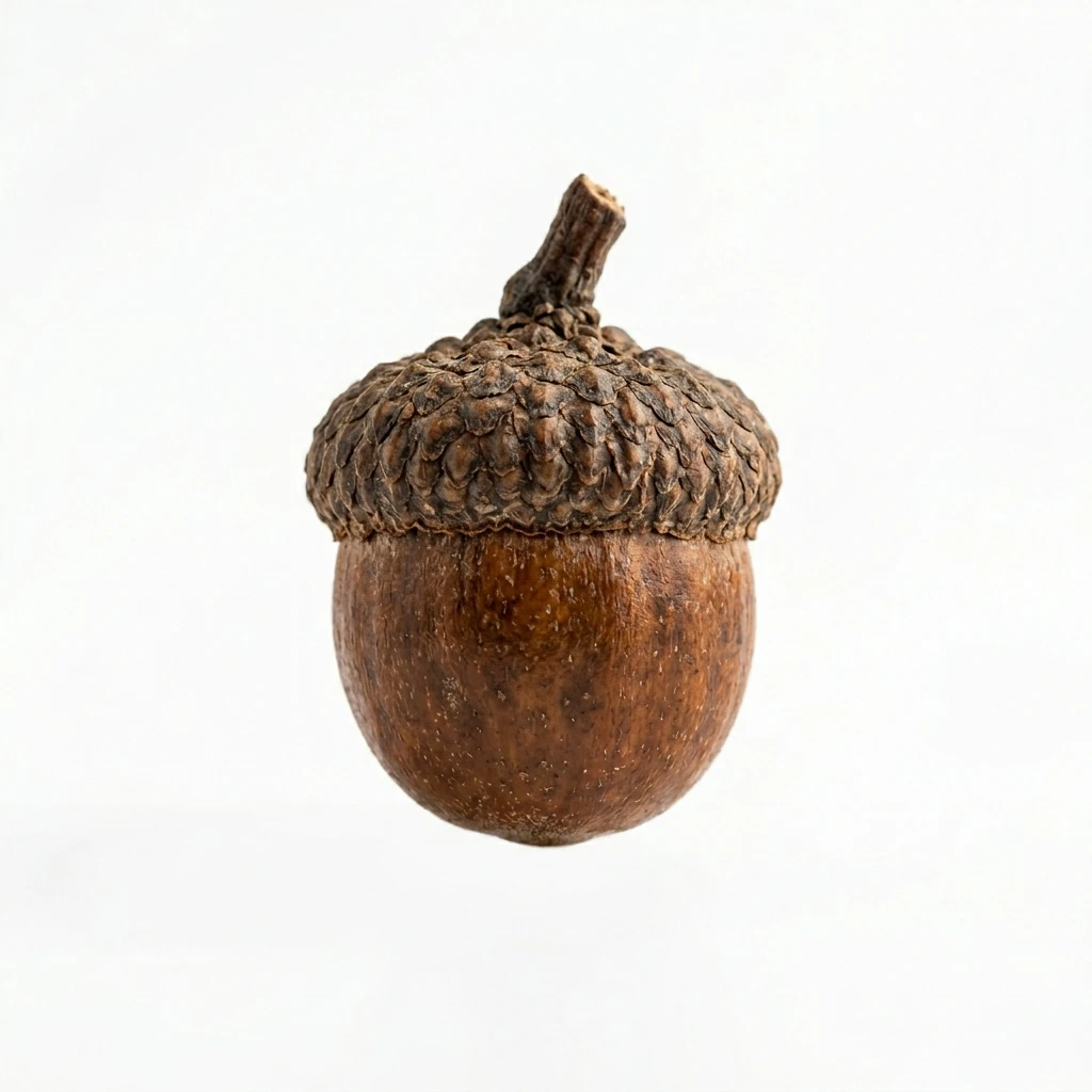 Single brown acorn isolated on white background