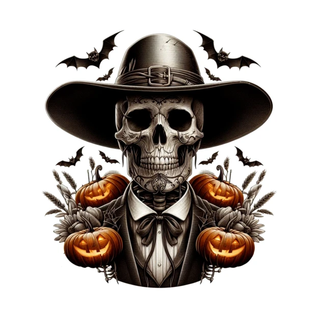 Skeleton wearing a hat with jack-o-lanterns and bats