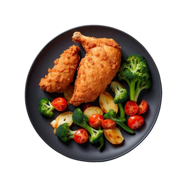 Crispy fried chicken with roasted potatoes and vegetables