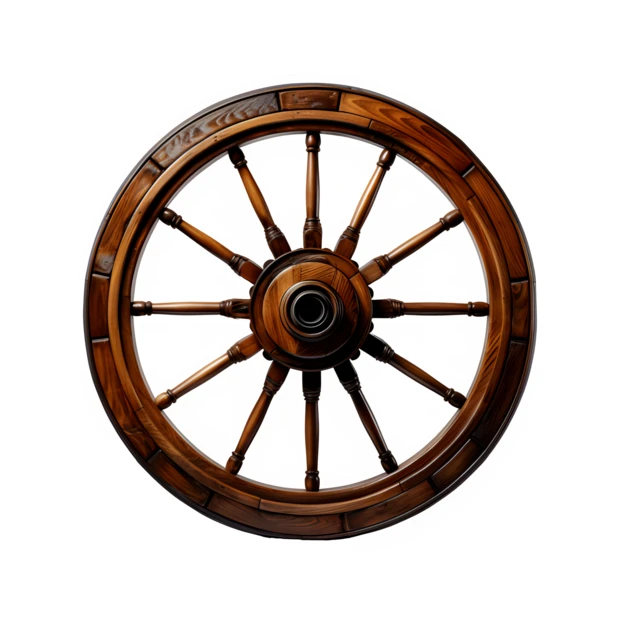 Rustic wooden wagon wheel isolated on white background