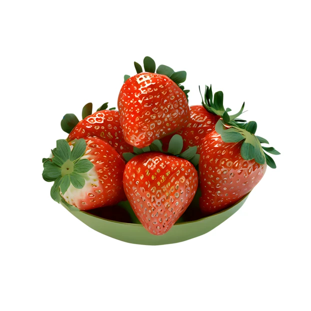 Fresh red strawberries in a green bowl isolated on white