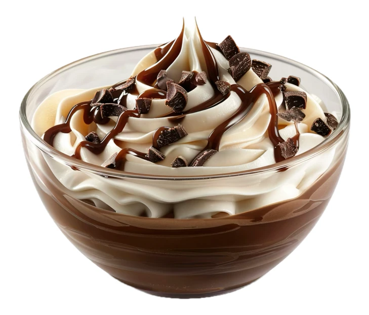 Chocolate pudding topped with whipped cream and chocolate chips
