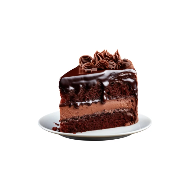 Slice of decadent chocolate layer cake on white background