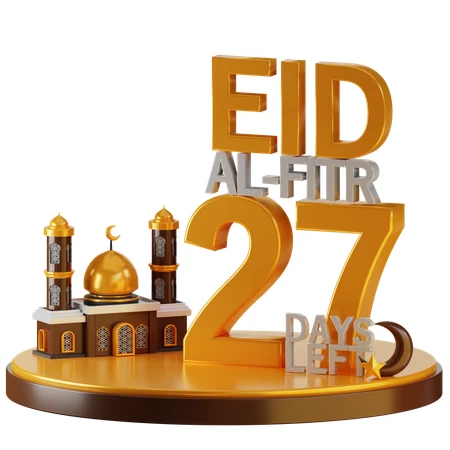 3D Eid Al-Fitr countdown with mosque and 27 days left