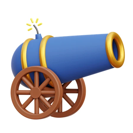 3D cartoon blue cannon with lit fuse on wheels