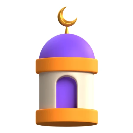 3D purple and orange mosque icon with golden crescent moon