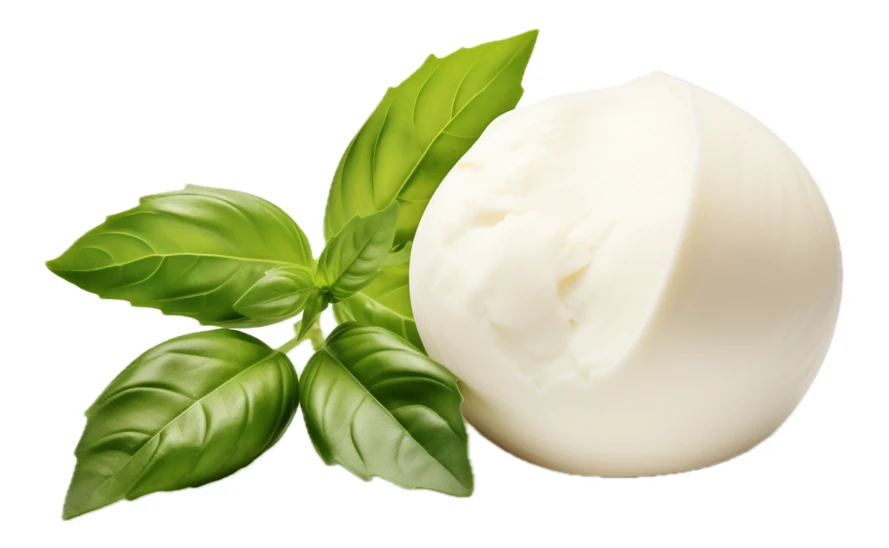 Fresh mozzarella cheese ball with green basil leaves