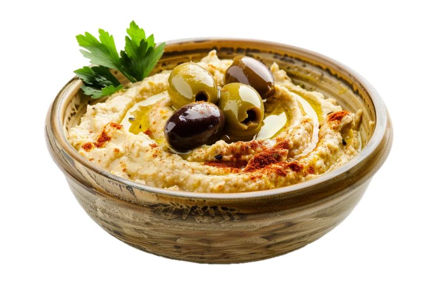 Hummus bowl with olives and olive oil isolated on white