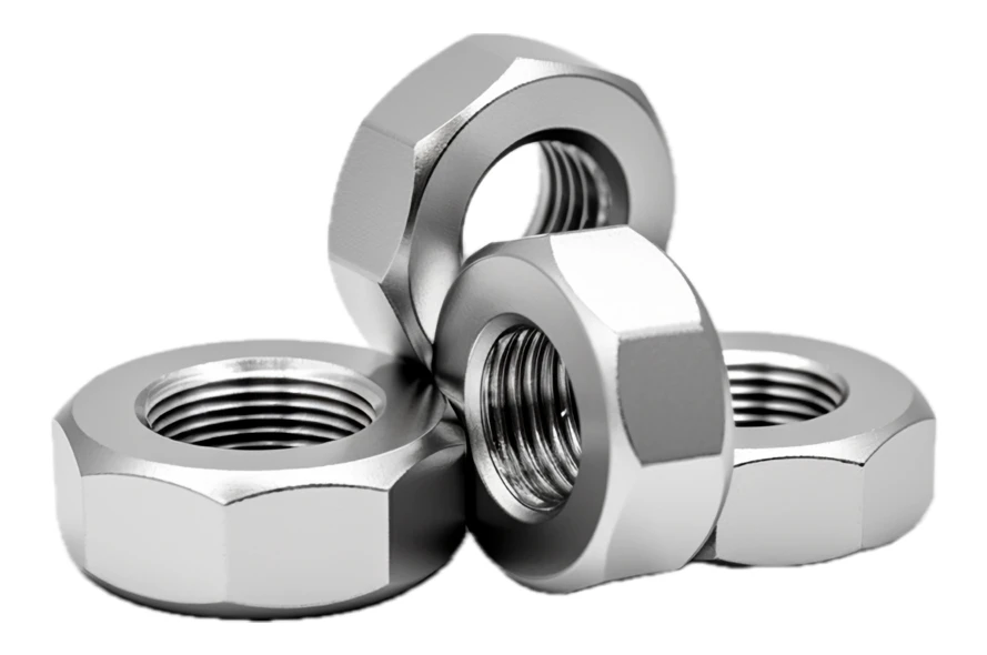 Group of shiny stainless steel hexagonal nuts on white background