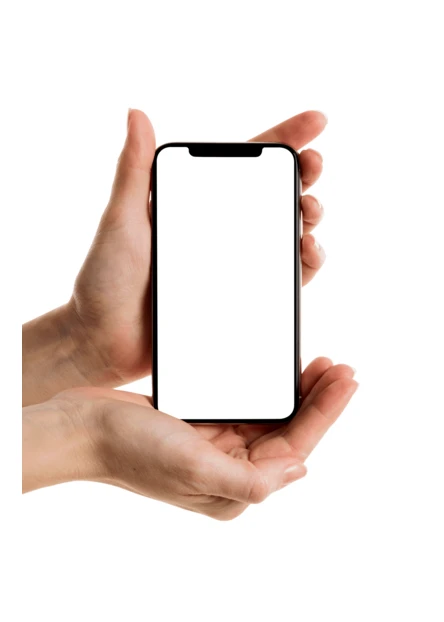 Hands holding smartphone with blank screen isolated on white