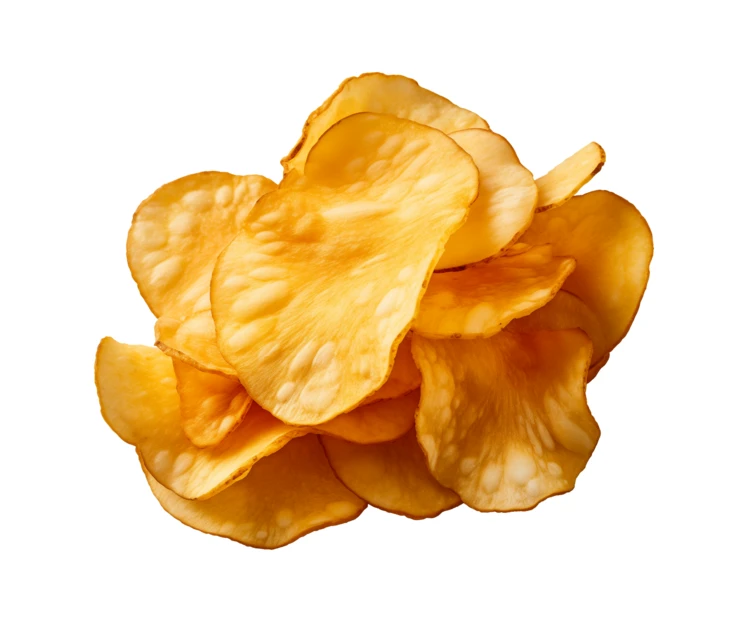 Crispy golden cassava chips isolated on white background